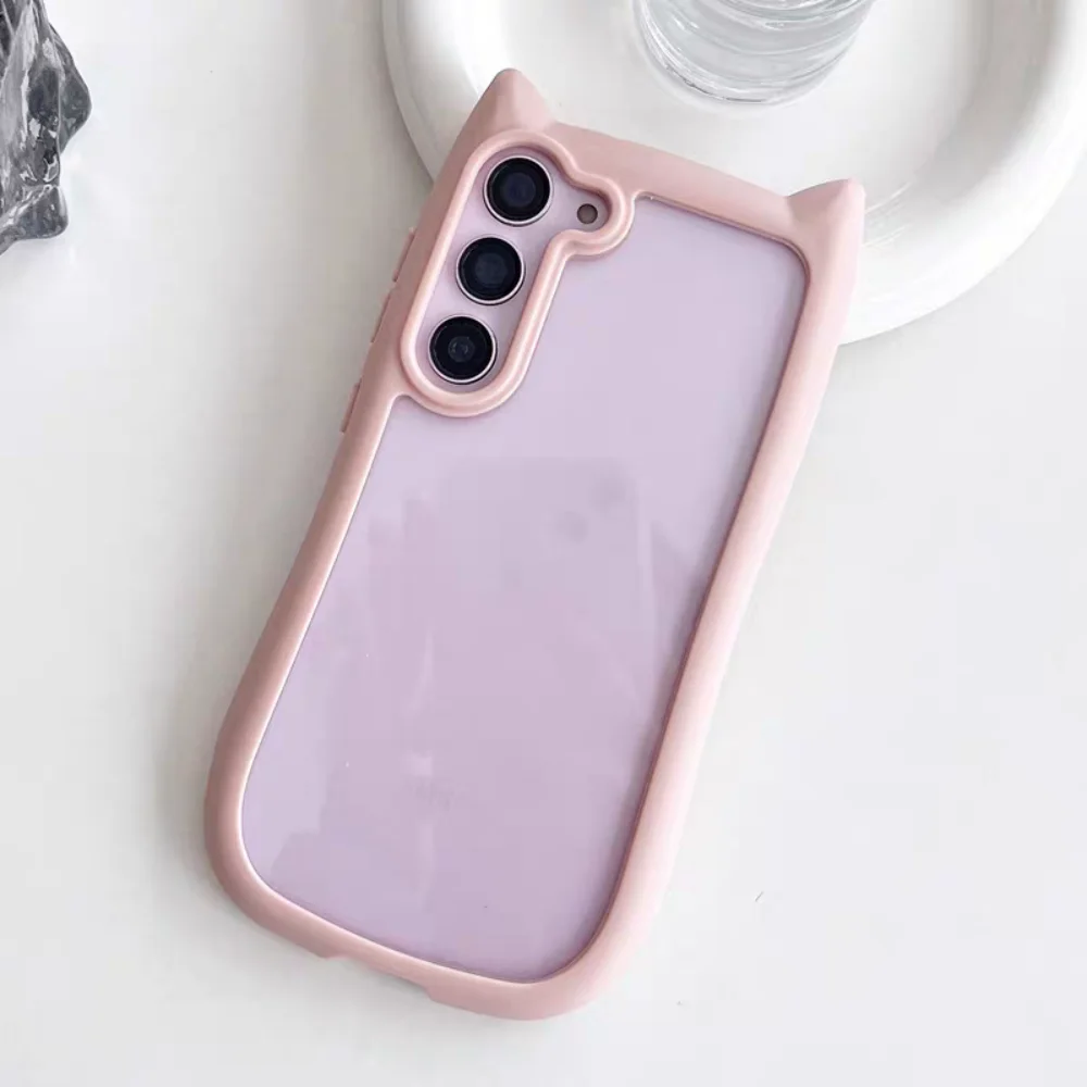 Korean Cute Candy Color 3D Cat Ears Transparent Phone Case - Kawaii Shockproof Soft Border Cover
