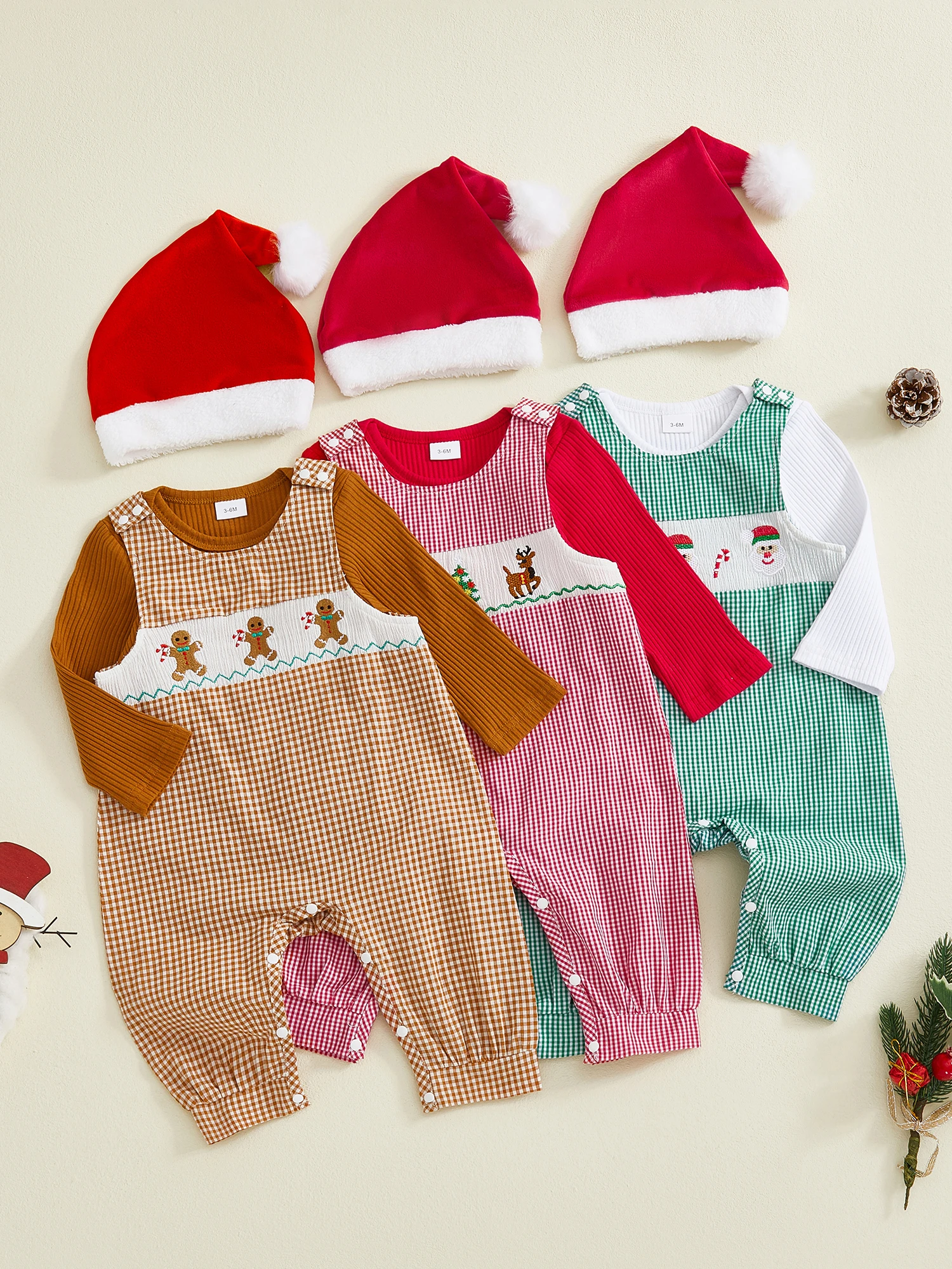 Christmas Baby Outfit Adorable Long Sleeve Romper with Festive Embroidered Overall Pants and Matching Hat Set for the Holidays