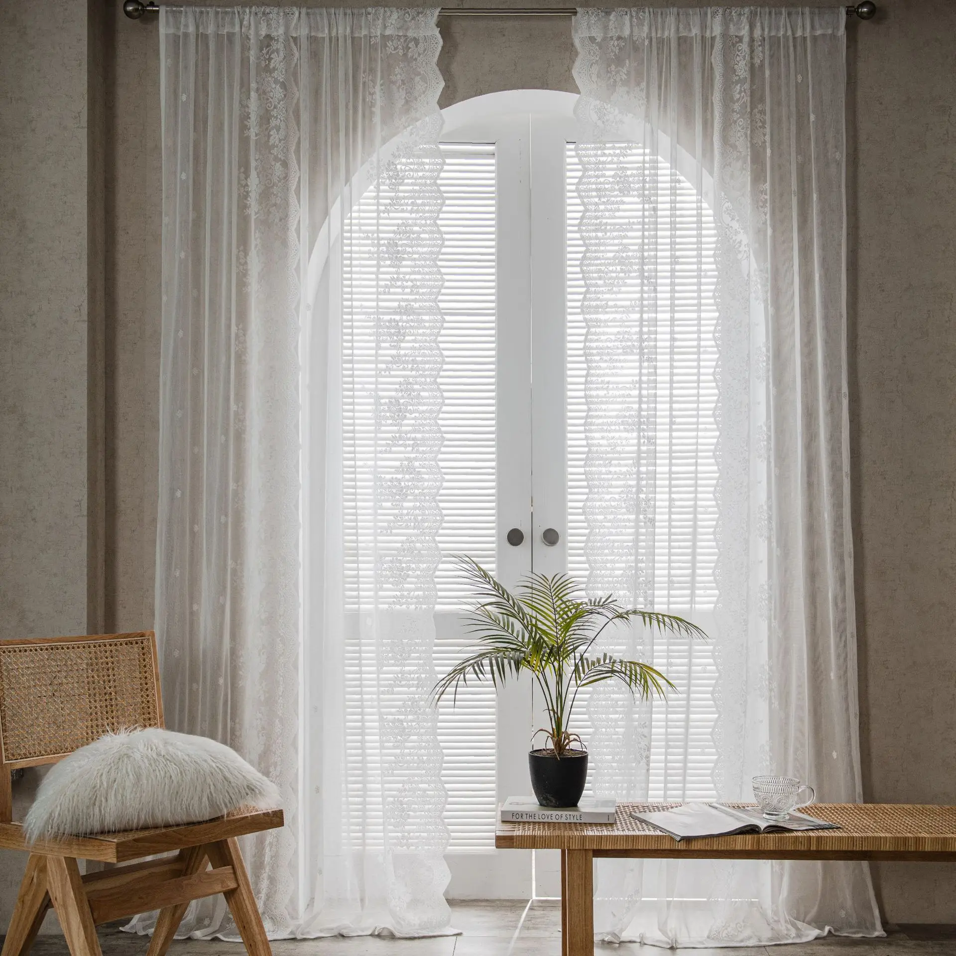 

Retro translucent lace gauze curtain, bay window, white gauze partition, countryside curtain, two-piece set