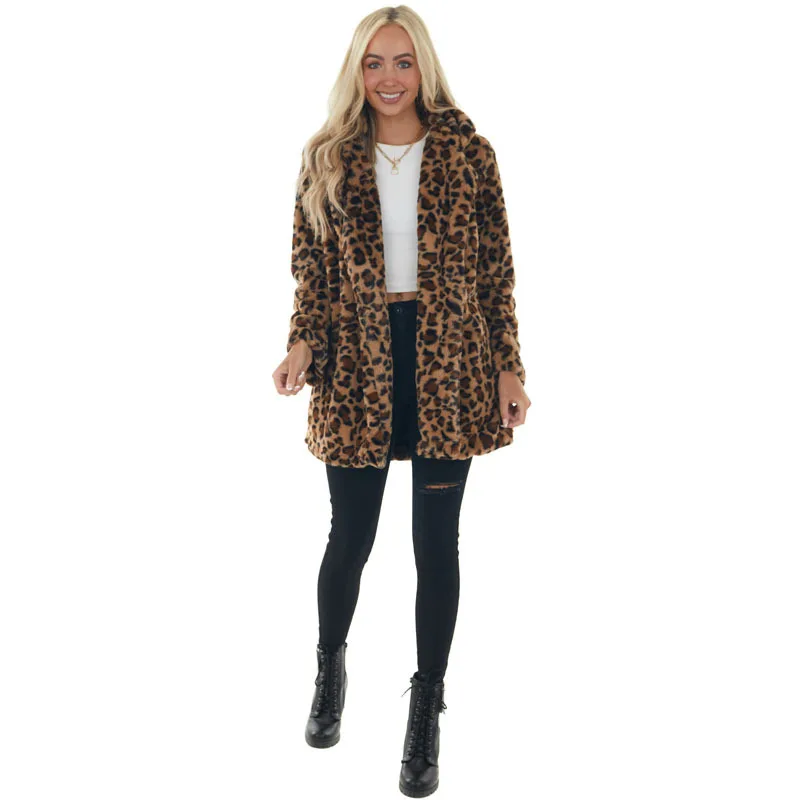 

APIPEE Leopard Coats 2024 Women Faux Fur Coat Luxury Winter Warm Plush Jacket Fashion artificial fur Women outwear High Quality