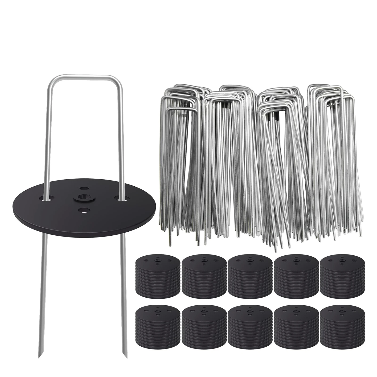 Garden Stakes Staples Kit, 50Pcs 4/6 Inch U-Shaped Landscape Staples, 50Pcs Fixing Gaskets for Weed Barrier Fabric, Ground Cover