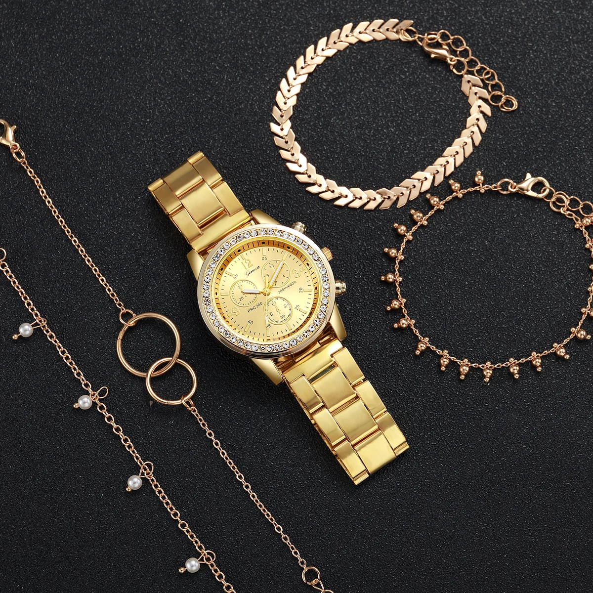 Fashion Women Golden Color Stainless Steel Quartz Watch With Bracelet Set 5PCs 4