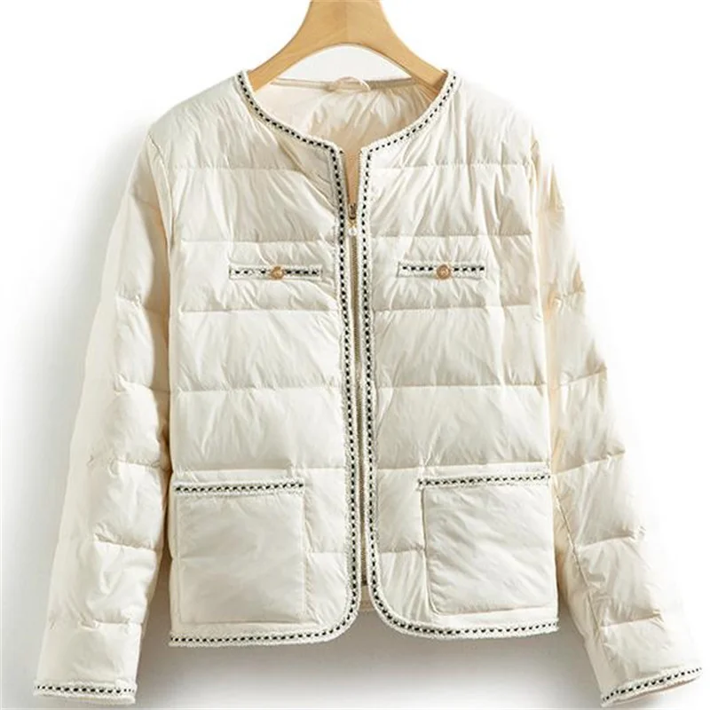 New short down women\'s fashion round neck zipper white duck down jacket