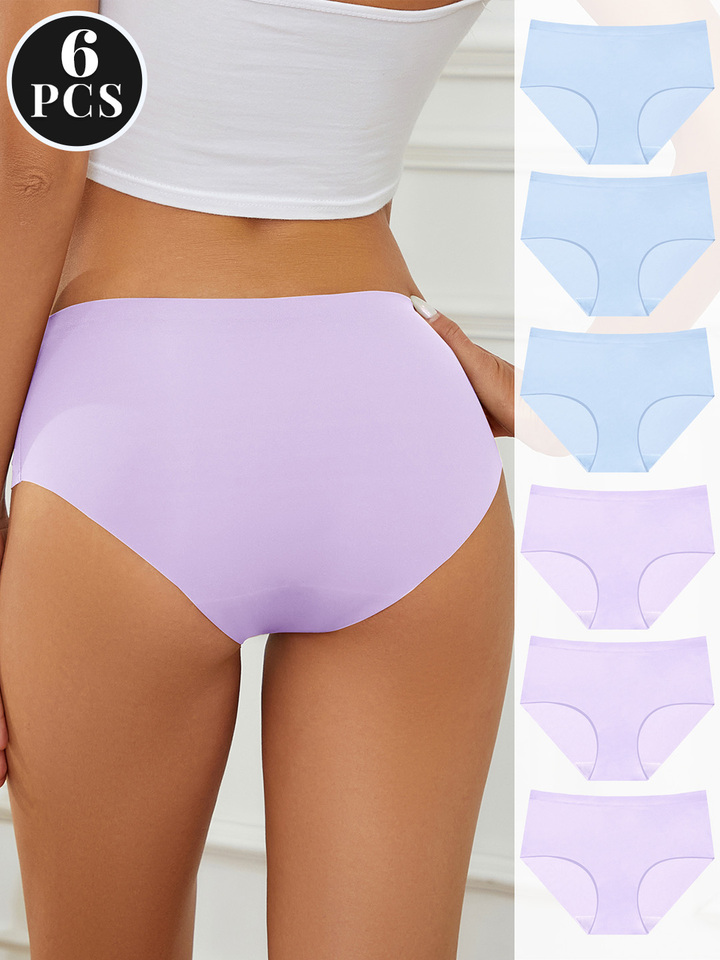 6 Pcs Solid Color Seamless Bikini Panties, No Show Breathable Briefs Comfortable Ladies Intimates Underpants, Women's Underwear
