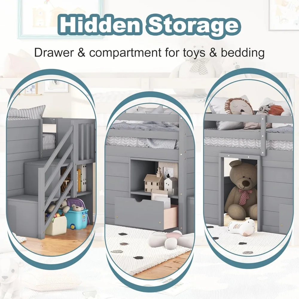 Children Beds, Twin Size Low Loft Bed with Playhouse Loft Bed Frame with Drawer, Stairs and Safety Guardrail for Teens 5