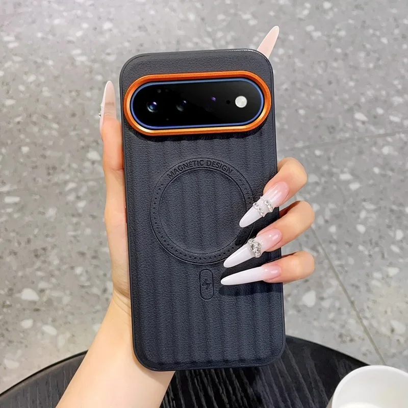 Premium Business Stripe Pattern PU Leather Case with Magsafe and Alloy Lens Protection Cover
