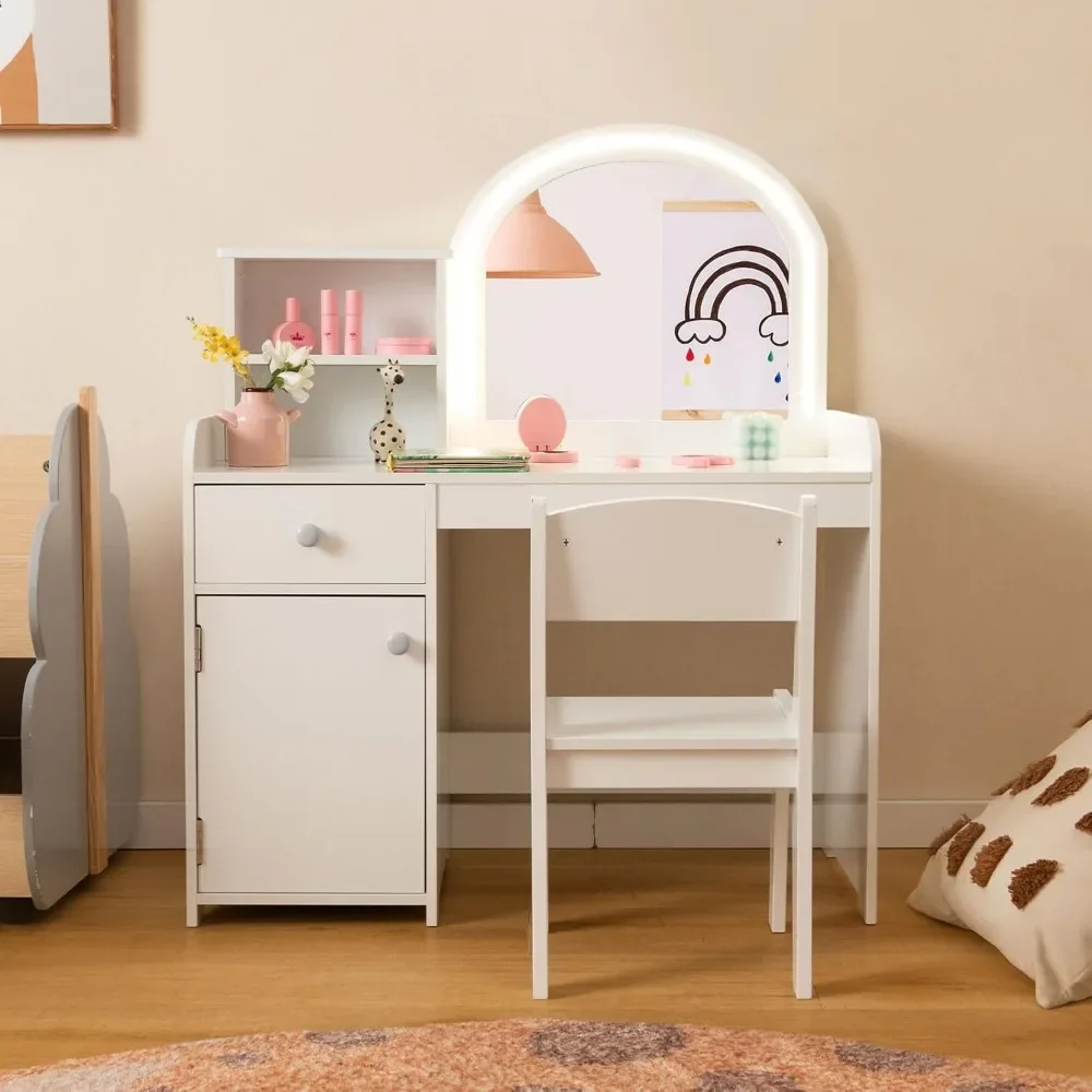 Kids Vanity, Princess Makeup Desk and Chair Set with Lights Mirror Drawer Storage Shelves, Vanity Set for Toddler Girls 2