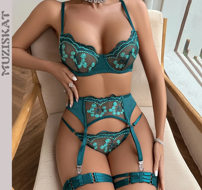 

MUZISKAT Spring New 2024 Women's Fashion Embroidery Splicing Sexy Body Shaping Erotic Lingerie Four-Piece Set Onlyfans