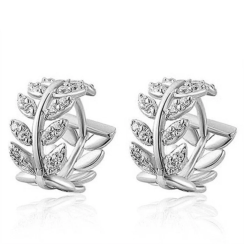 

925 Sterling Silver Hot Selling Leaves Full Zircon Hoop Earrings Female Fashion Simple Gorgeous Jewelry Valentine Gift