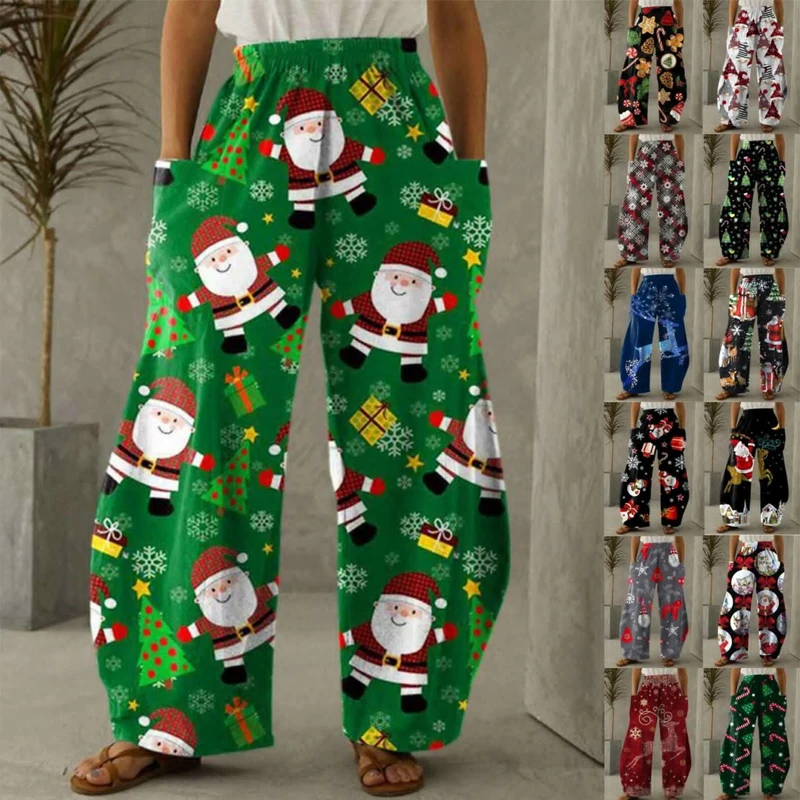 Christmas Pants Women Fashion Joggers Santa Claus Print Wide Leg Pants Casual Bottoms Trousers Sweatpants Loose Bloomer 5XL