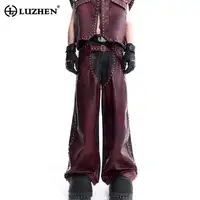 LUZHEN Faux Leather Pants Metal Rivet Patchwork Design Personalized Trendy High Street Straight Casual Pant Original Male LZ5195