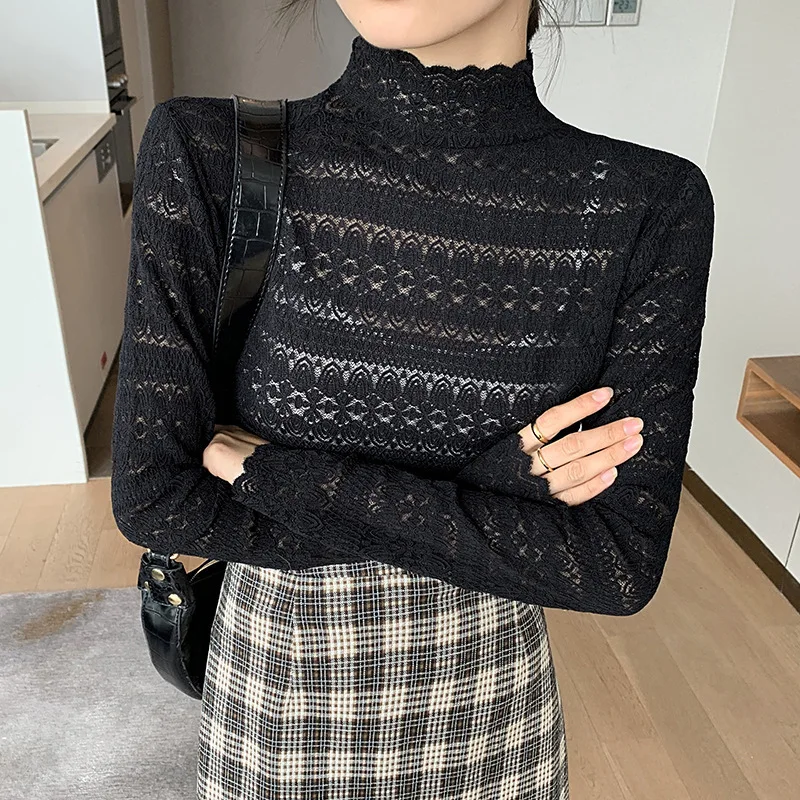 

Women's Spring New Lace Mesh Round Neck Top Hollow Bottom Shirt Women's Long Sleeves