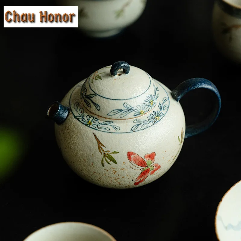 135ml Teapot Blue And White Flint Red Handmade Gold Drawing Butterfly Orchid Pot Tea Making Kettle Chinese Tea Set Collection