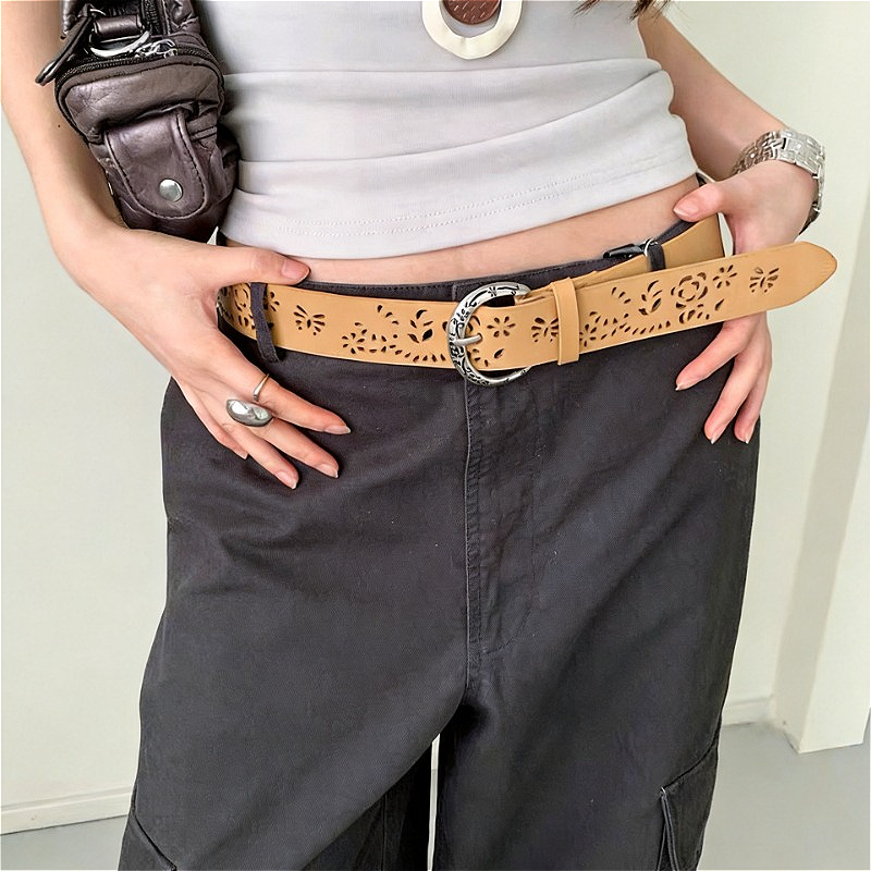 Ethnic-Style Retro Openwork Belt: Casual Women's Leather Belt Fashionable Trendy Minimalist Versatile and Sophisticated