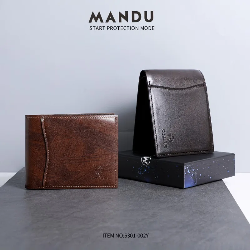 Free freight MANDU new oil leather multi-functional anti-theft brush PU wallet casual men's wallet card bag name card holder
