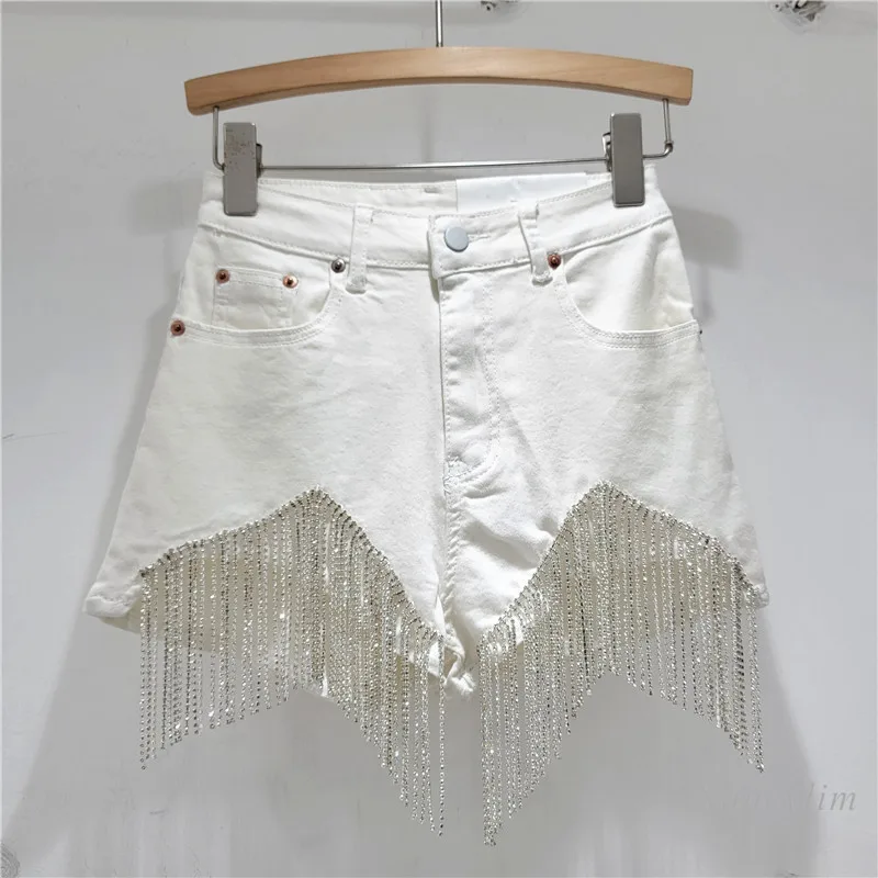 Tassel Chain Denim Shorts Women's Summer 2024 New High Waist Slimming Sexy European and American Style Heavy Industry Shorts