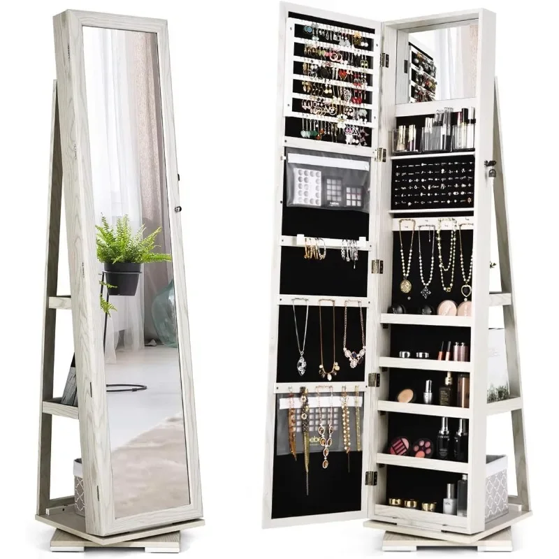 

360° Swivel Jewelry Armoire with Higher Full Length Inside Makeup Mirror, Standing Lockable Cabinet Organizer, Large Capacity