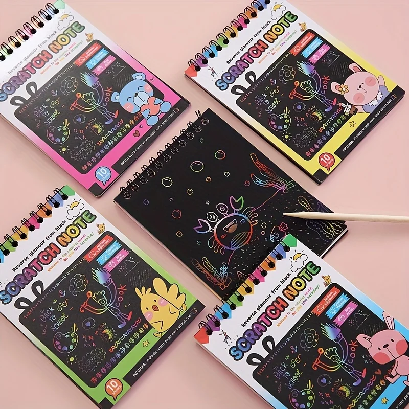 4 Books Rainbow Scratch Paper Art Notebooks Scratch Note Pads Rainbow Black Scratch Off Note Sheet for Boys Girls Birthday Gift 3