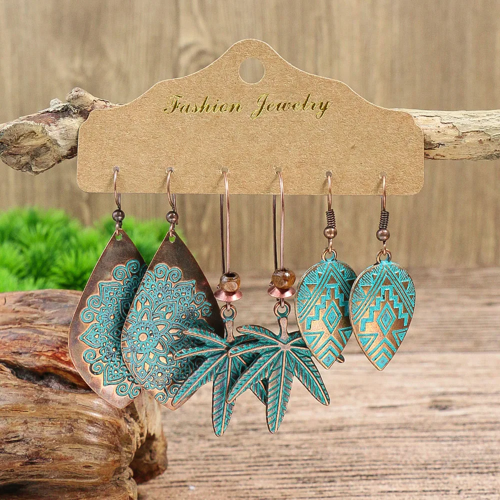 New Bronze Vintage Earring Set Women Ethnic Flower Leaf Piercing Ear Rings Retro Boho Dangle Earrings 2023 Jewelry Accessories