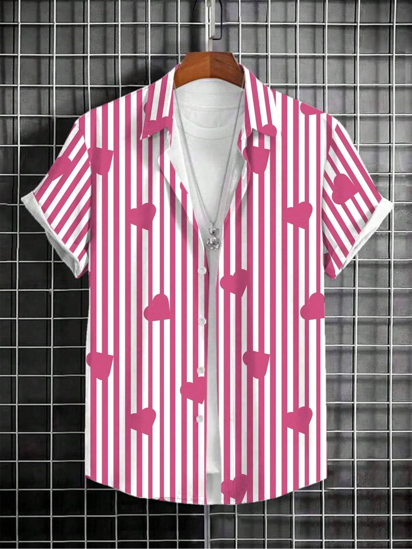 

Men's And Women's Fun Striped Cartoon Pattern Printed Shirts Casual Design Short Sleeve Shirts Fashion Button-Ups