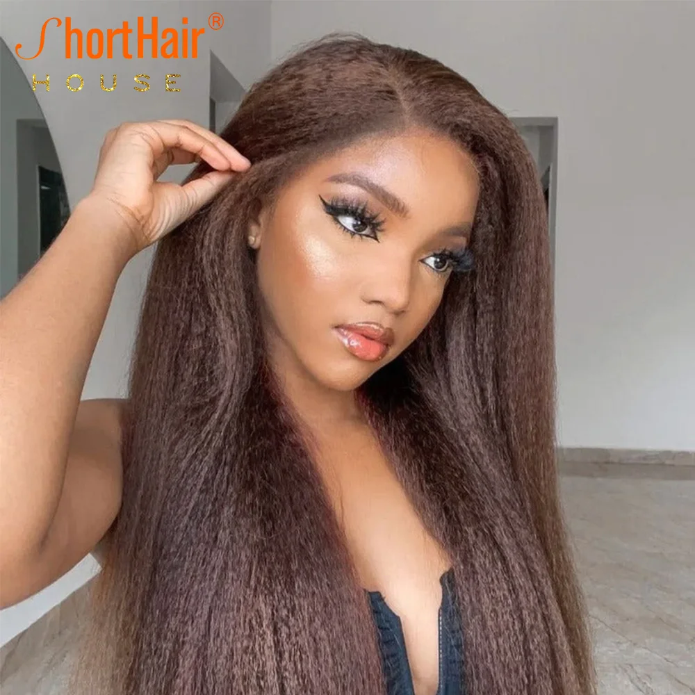 Brown Human Hair Wigs 4C Hairline Kinky Straight Lace Wigs Glueless 13x4 Lace Frontal Closure
