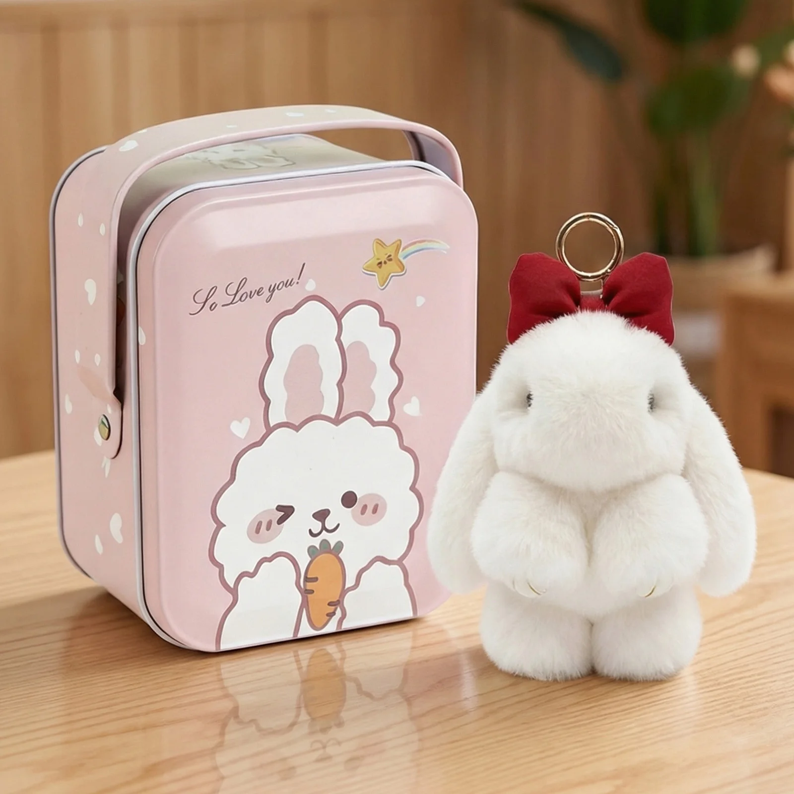 토끼 행운 열쇠고리 수제 부드러운 털 토끼 열쇠고리 금속 버클과 틴케이스 포함 여성 청소년 생일 선물