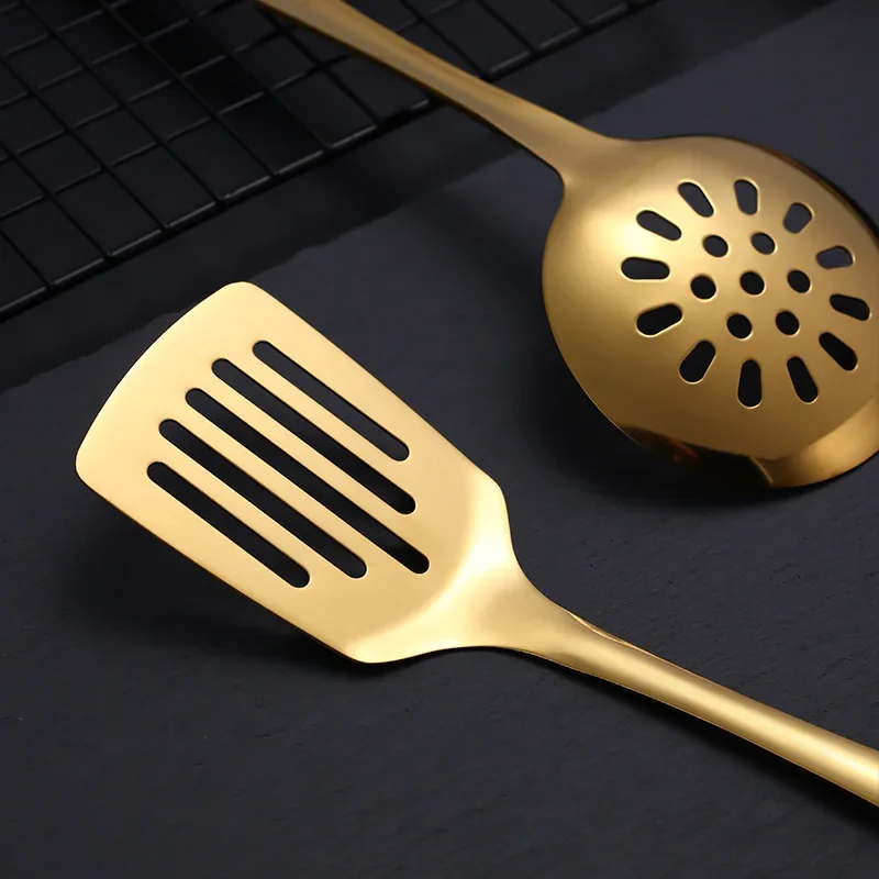 1Pc Korean Stainless Steel Tableware Golden Long Handle Hot Pot Colander Frying Spatula Soup Spoon Kitchen Cooking Gadgets