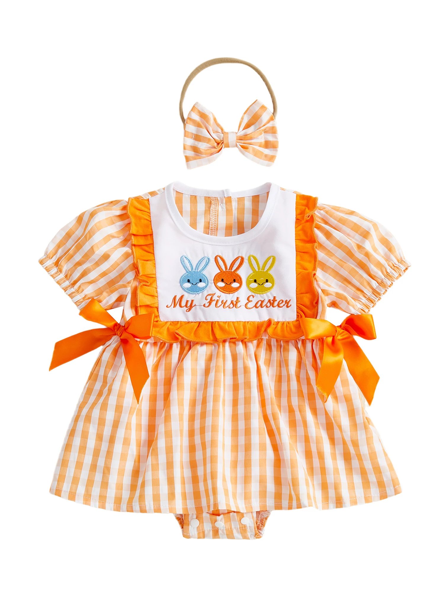 Adorable Toddler Girl Spring Outfit Flutter Sleeve Floral Print Romper Dress with Matching Bow Headband Set for Easter