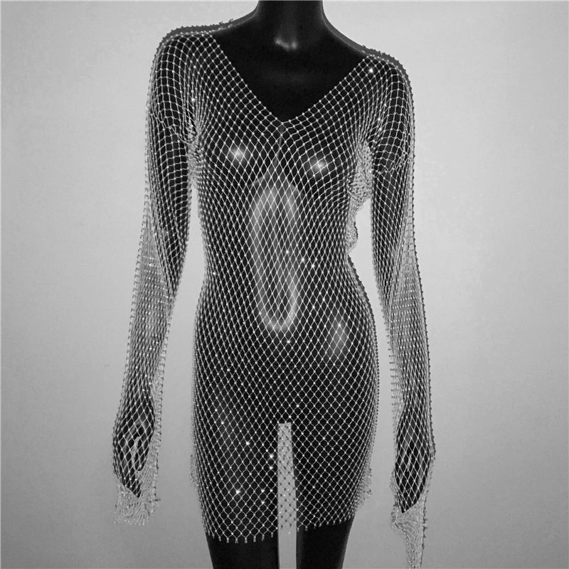 Shiny Rhinestones Grid Fishnet Dress Long Sleeve O-Neck Hollw Out Side Slit Dress Sexy Beach Cover Up Breathable Lady Vestidos