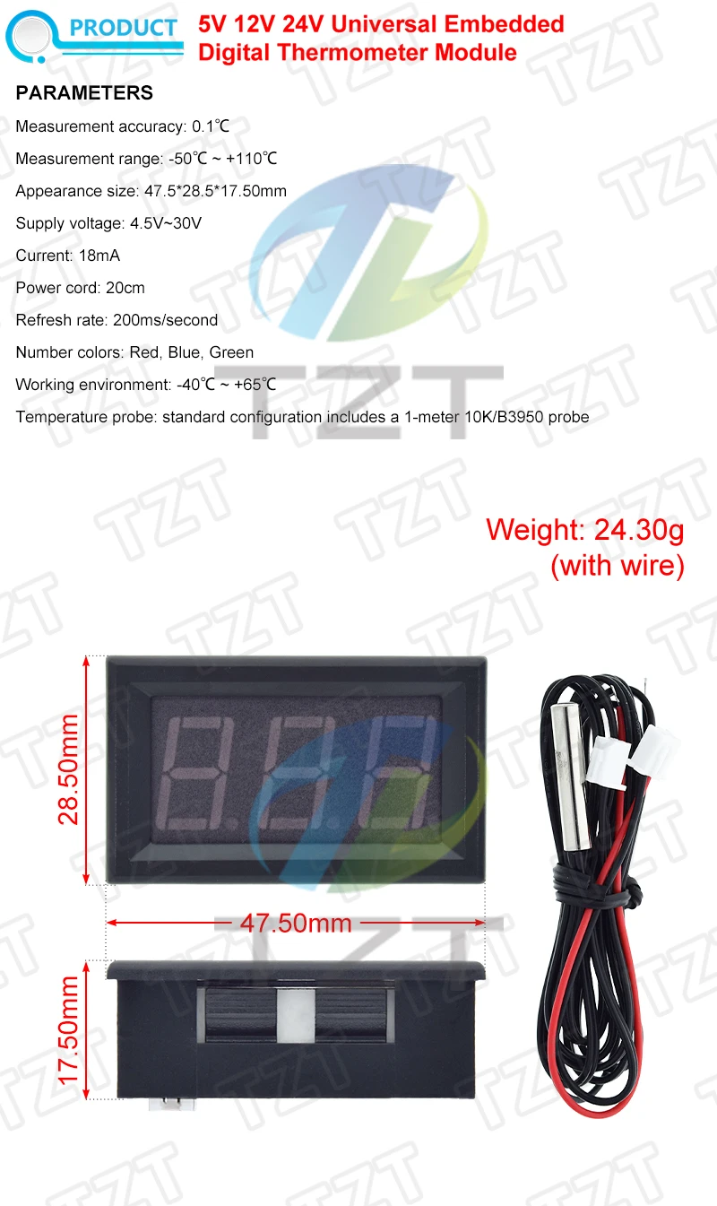 DC 4,5-30V Mini Digitales LED-Thermometer für Auto-Temperaturüberwachung Panelmeter Messbereich -50-110°C Mit Temperaturfühler – Detail 1