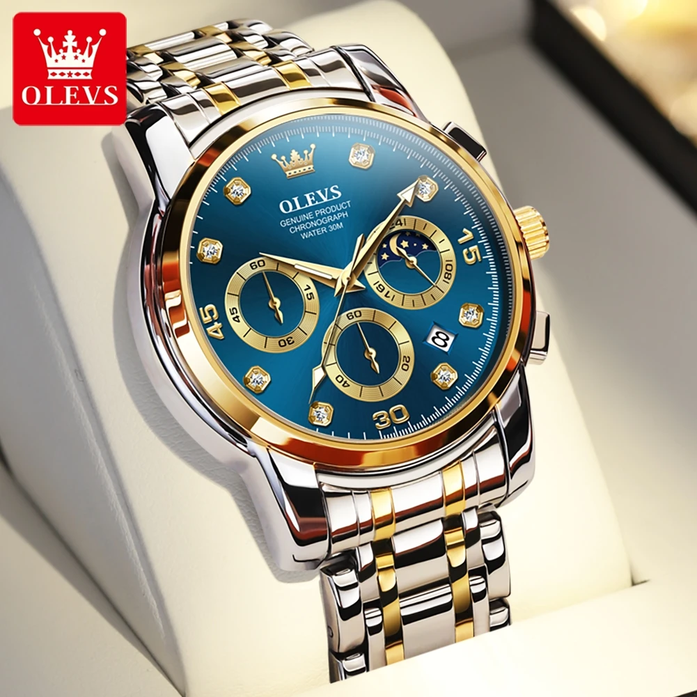 OLEVS 2889 Original Quartz Watch for Men Moon Phase Chronograph Business Man Watch Stainless Steel Waterproof Luxury Wristwatch