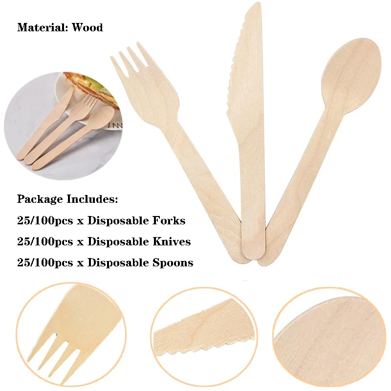 25/100 pcs Disposable wood wooden utensils rustic wedding party party tableware set shower cutlery