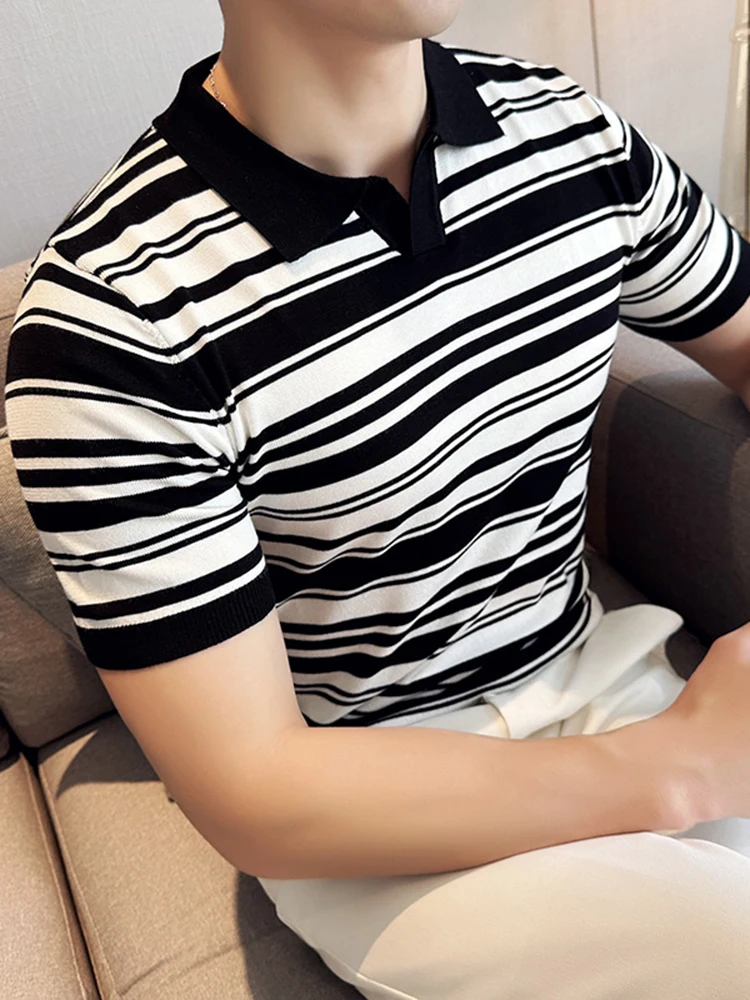 

Spring Summer New Men's Knitted Polo Shirt Striped Casual Slim Tees Men Lapel Business Polo Short Sleeve Tops Clothing A55