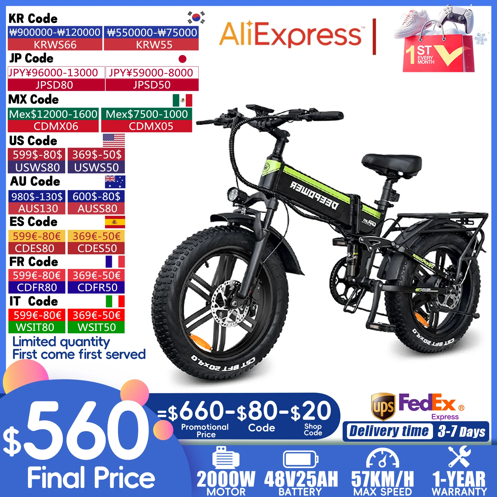 DEEPOWER H20PRO Electric Bicycle 2000W 48V 25AH Hydraulic brake Portable Adult Electric Mountain Bike 20 Fat Tire Folding Ebike electric bike electric bicycle