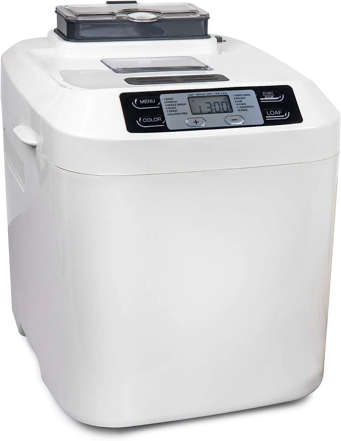 

HCPBMAD2WH Bread Maker with Auto Fruit & Nut Dispenser Makes 2 Lb. Loaf Size, 3 Crust Options, Programmable Settings, 14&#34