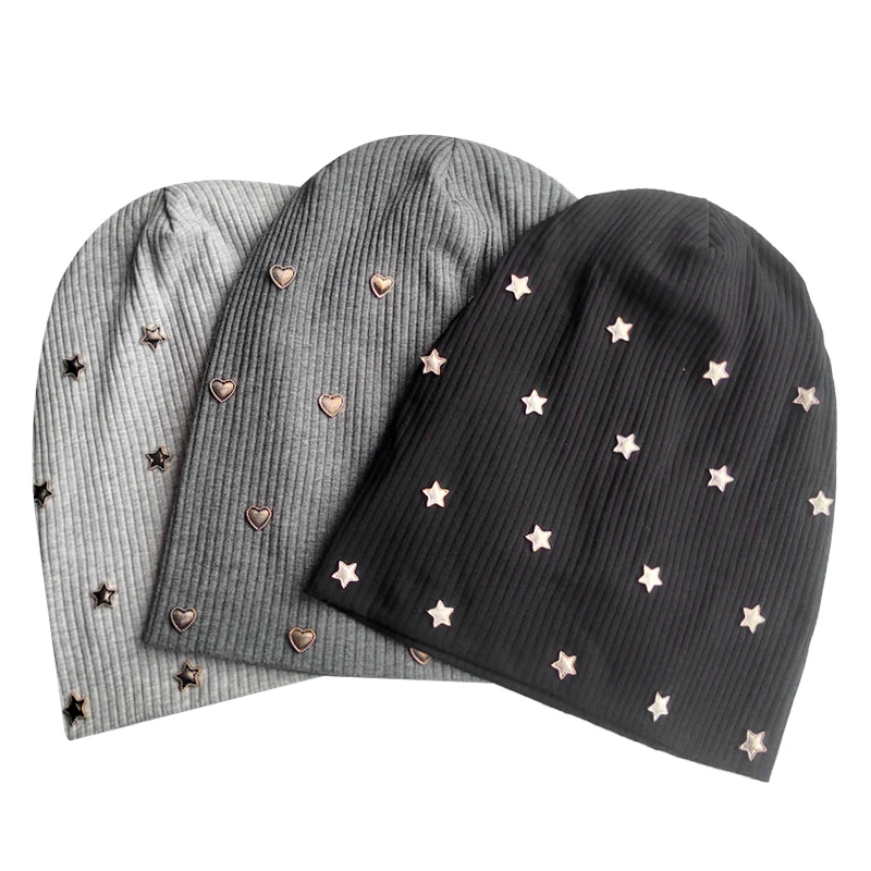 Geebro Star Ribbed Cotton knitted skullies Beanie For Women Casual Soft Design Solid Heart Bonnets hat Slouchy  Ladies Hat 2