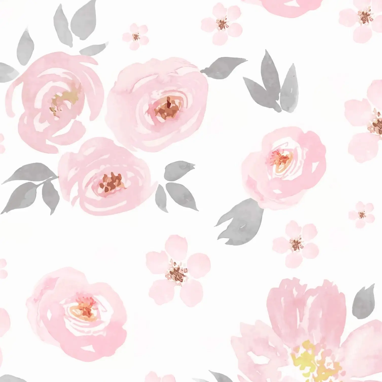 Aquarela Parede Floral Mural para Berçário Rosa e Cinza Amara Floral Wallpaper