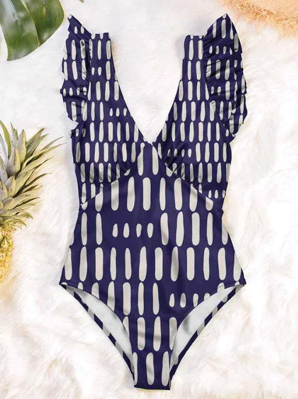 Blue Swimsuit White Color Block Printed Deep V Ruffle Edge Pleat Decoration One-piece Backless Bikini Swimwear 2023 Woman Summer