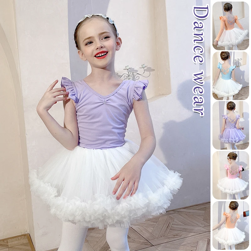 

Ballet Dress Gymnastics Leotards Girls Short / Long Sleeve Ballet Dancewear With Tutu Skirts Kids Dance Leotards Stage Costumes