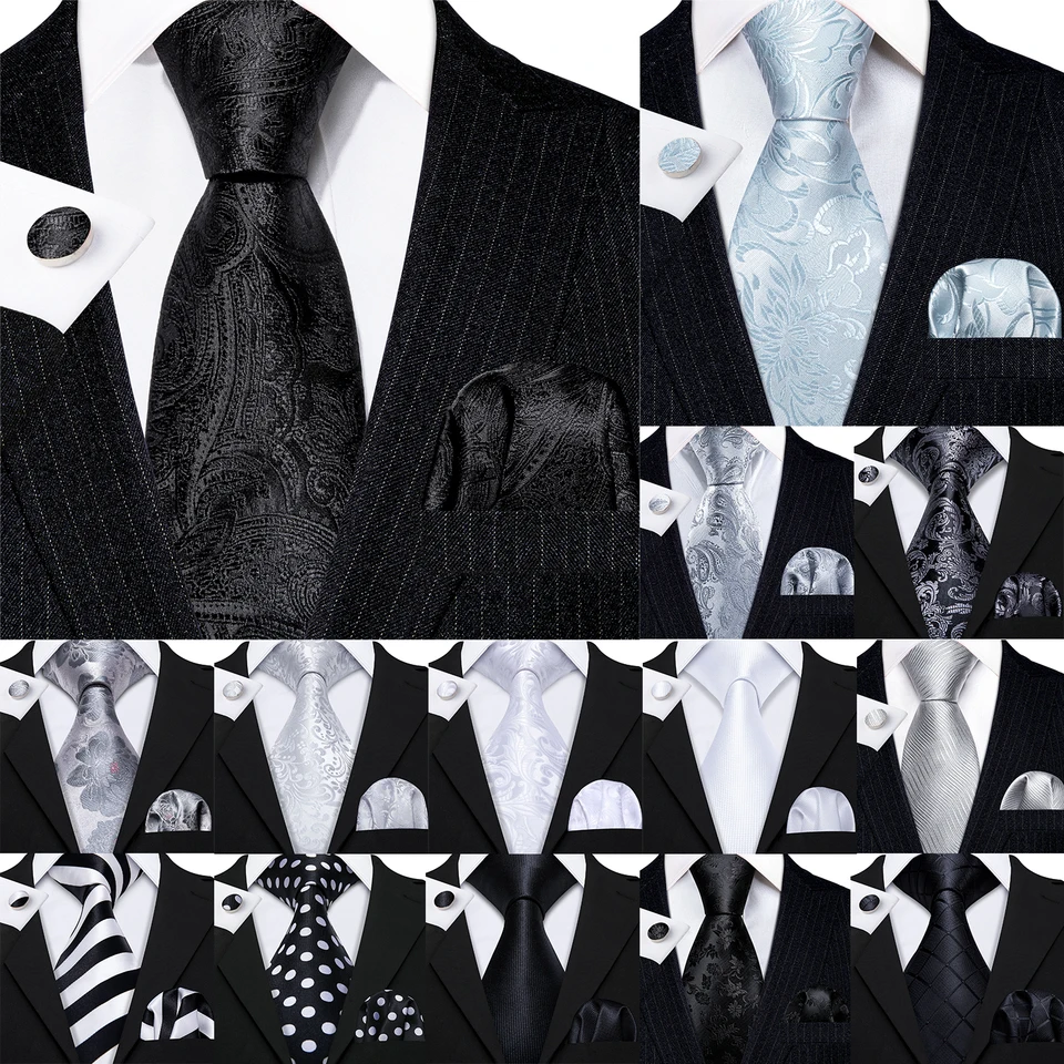 Barry.Wang Set Cravatta Uomo In Seta Con Fazzoletto E Gemelli – Righe Nero Scuro, Eleganza Per Matrimoni E Feste - 3
