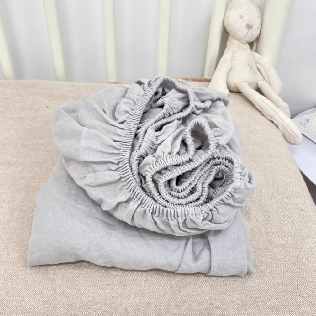 Pure Linen Fitted Bed Sheet With 360 Elastic Band Quilted Mattress Protector Cover for Single Double King Queen Size Bedsheet