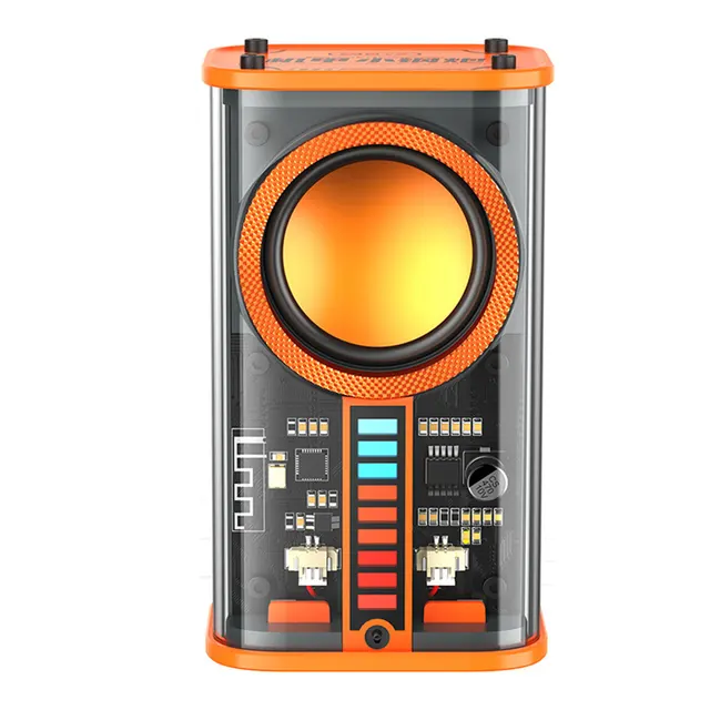 Alto-falantes mecha acústico transparentes, K07, compatível com Bluetooth 5.0, USB, microfone embutido, 600mAh, 3 modos de luz LED, festa