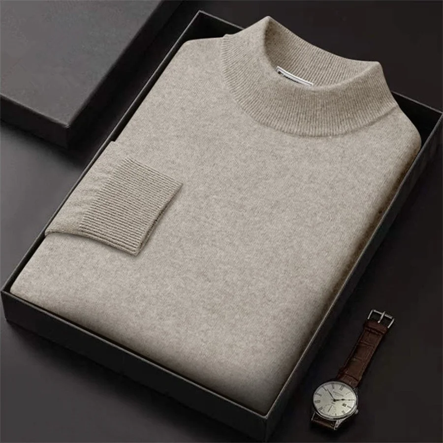Men\'s Mock Neck 100% Woolen Sweater Autumn Winter Soft Cashmere Knitwear Men Pullover Knitted Warm Sweaters Solid Slim Tops
