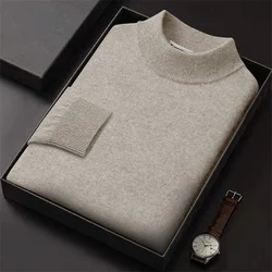 Men's Mock Neck 100% Woolen Sweater Autumn Winter Soft Cashmere Knitwear Men Pullover Knitted Warm Sweaters Solid Slim Tops