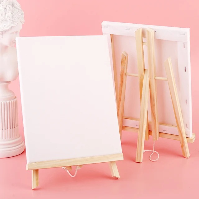 2-in-1 Mini Wooden Easel With Canvas Set,Portable Desktop Art Easel Stand With Blank Canvas,For Acrylic,Watercolor,Oil Painting 1