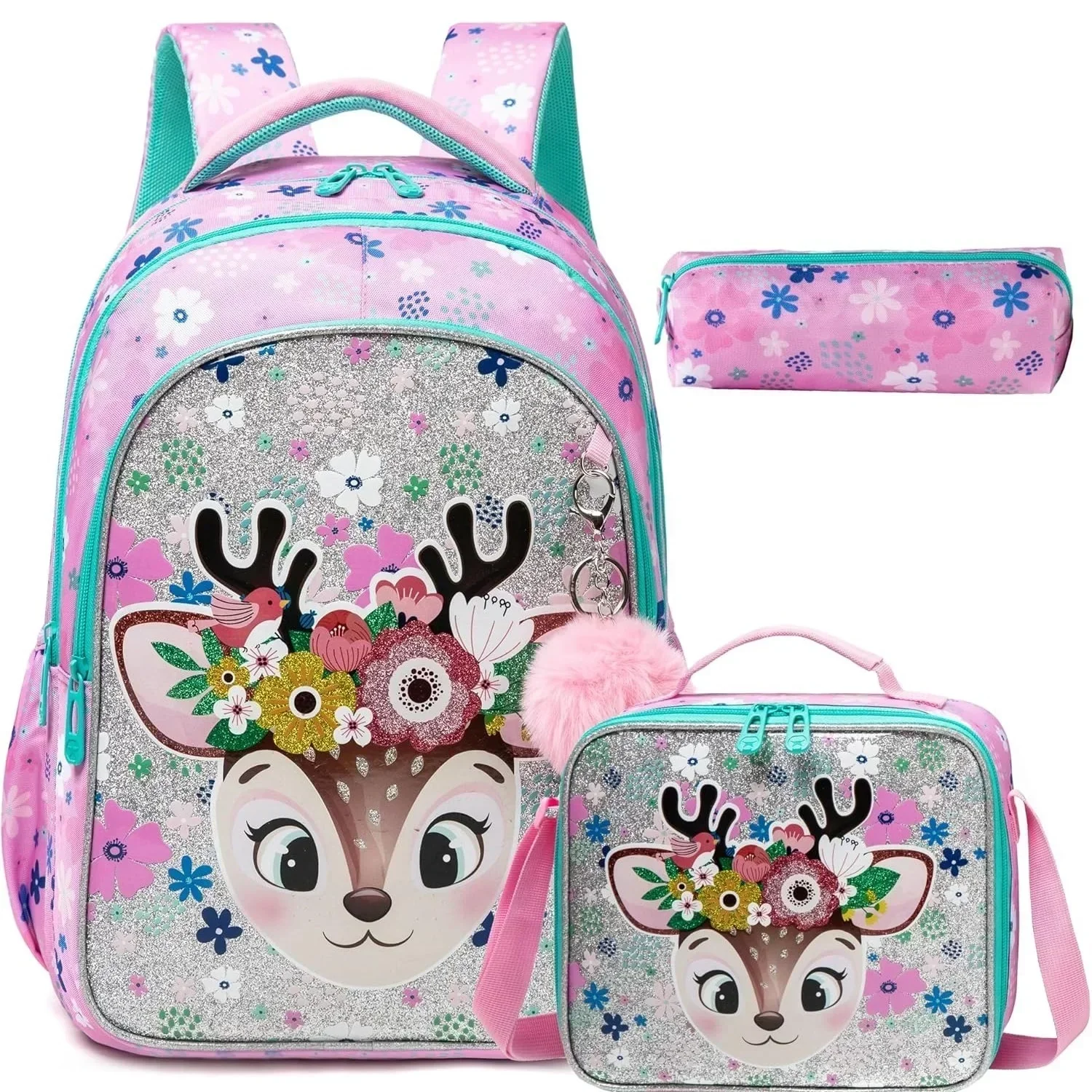 3PCS Cute School Bags for Girls Kids Backpack Set with Lunch Box Pencil Case Back To School Bookbag for Elementary Students 1
