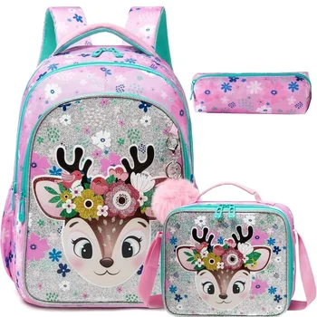 3PCS Cute School Bags for Girls Kids Backpack Set with Lunch Box Pencil Case Back To School Bookbag for Elementary Students 1