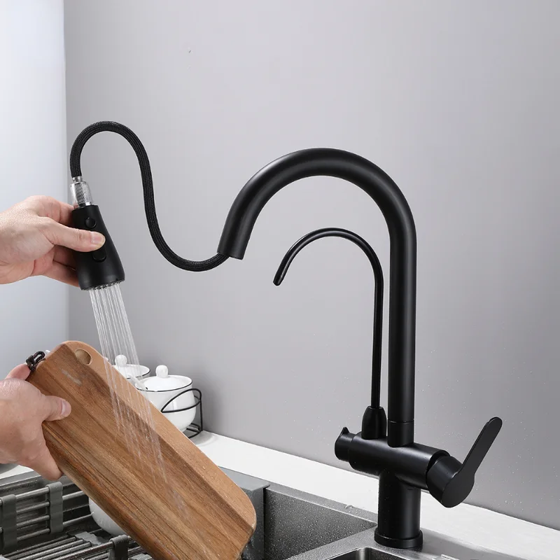 Black  Water Purification  Kitchen Faucet Hot and Cold Rotating Pull Out Brass Material Sink Mixer Drinking and Washing Tap