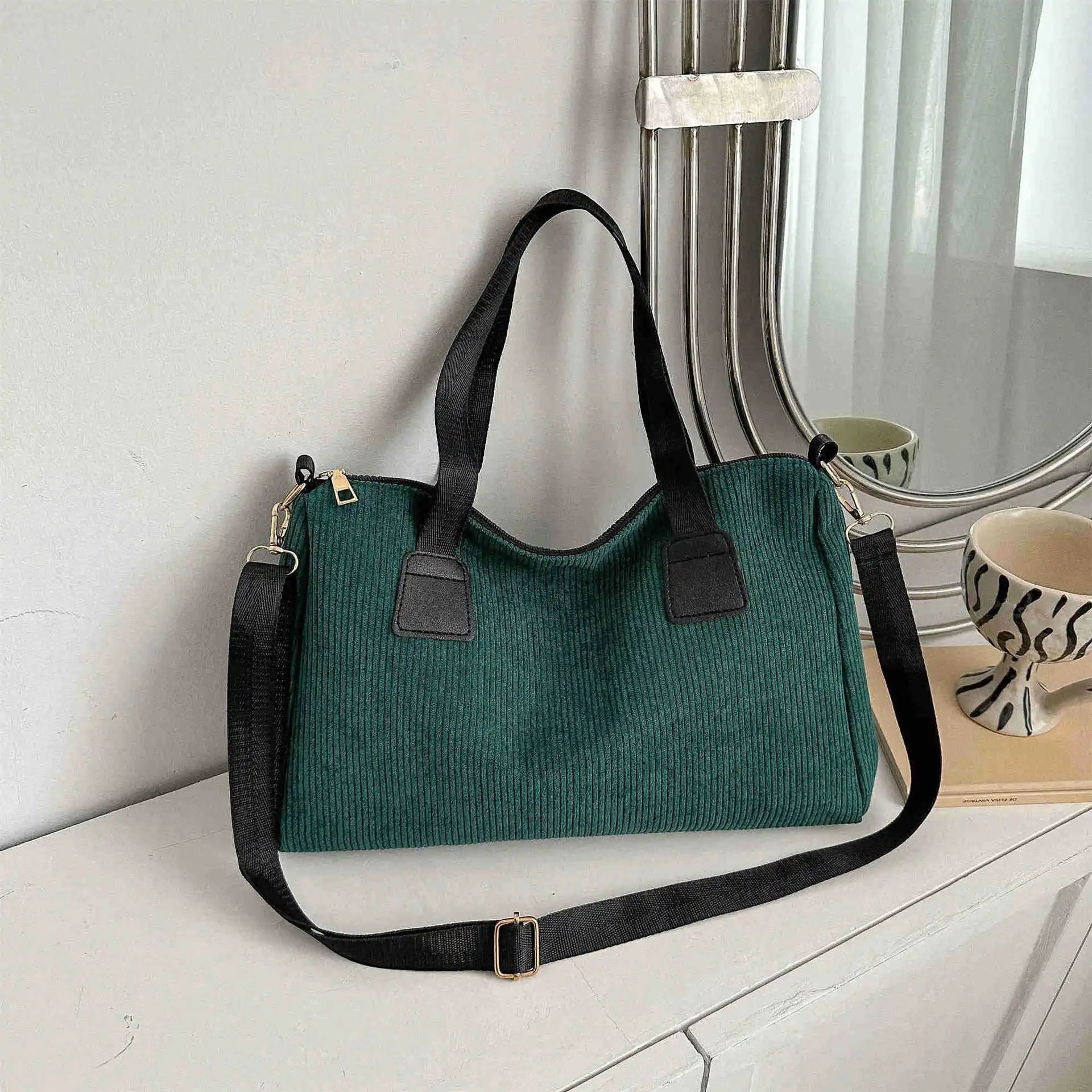 ショルダーバッグ・ポシェット GREEN STUFF Simple shopper bag 62 classic corduroy navy Corduroy Travel Duffle Bag, Large Capacity Crossbody Bag