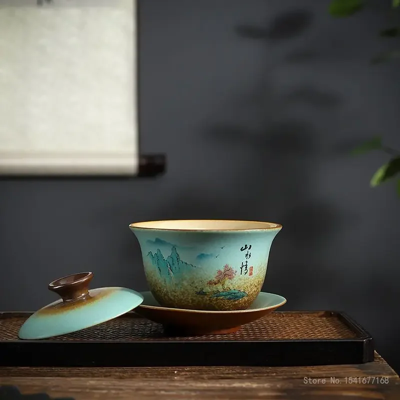 Creative Chaishao Kiln Glazed Three Talent Covered Bowls, Vintage Ceramic Household Chinese Kung Fu Tea Set Brewing Tea Bowl 1Pc